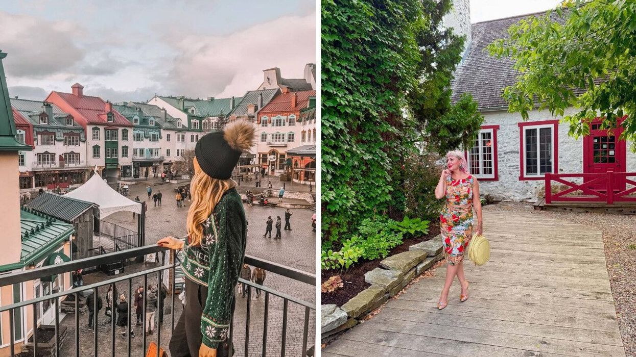 A woman looks out at a quaint town square. Right: A woman walks in front of an old white and red building.