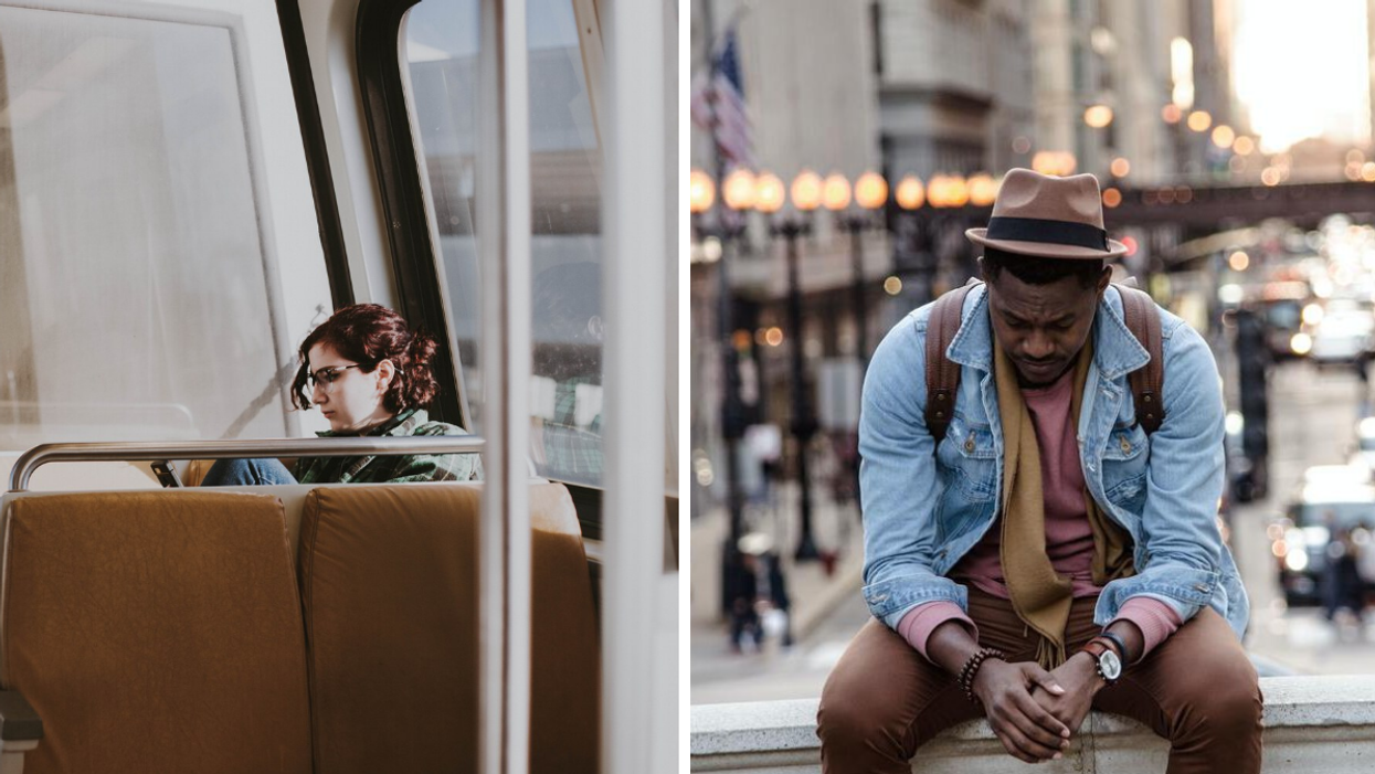 A woman on the bus. Right: A man sitting and looking down.