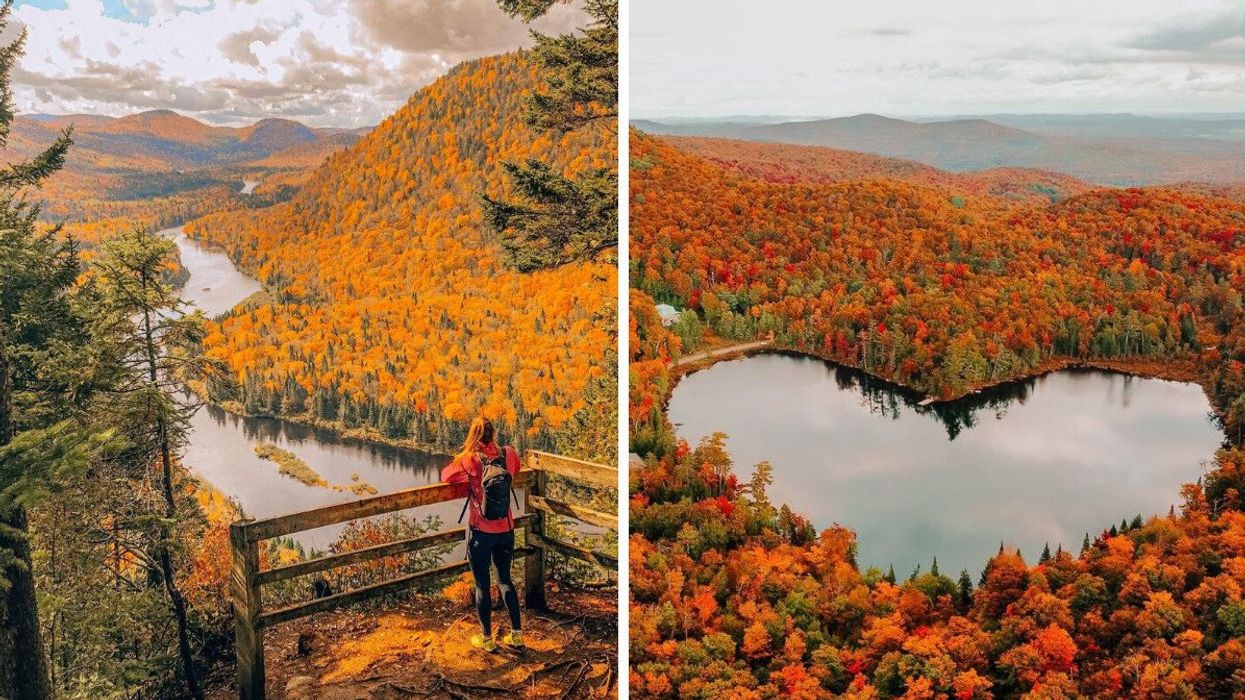 A woman overlooks a river through mountains. Right: Fall foliage surrounds a heart-shaped lake.