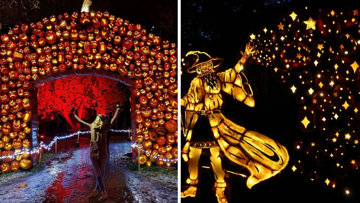 A woman poses beside a bridge of hundreds of pumpkins. Right: A dazzling pumpkin display at Pumpkinferno.