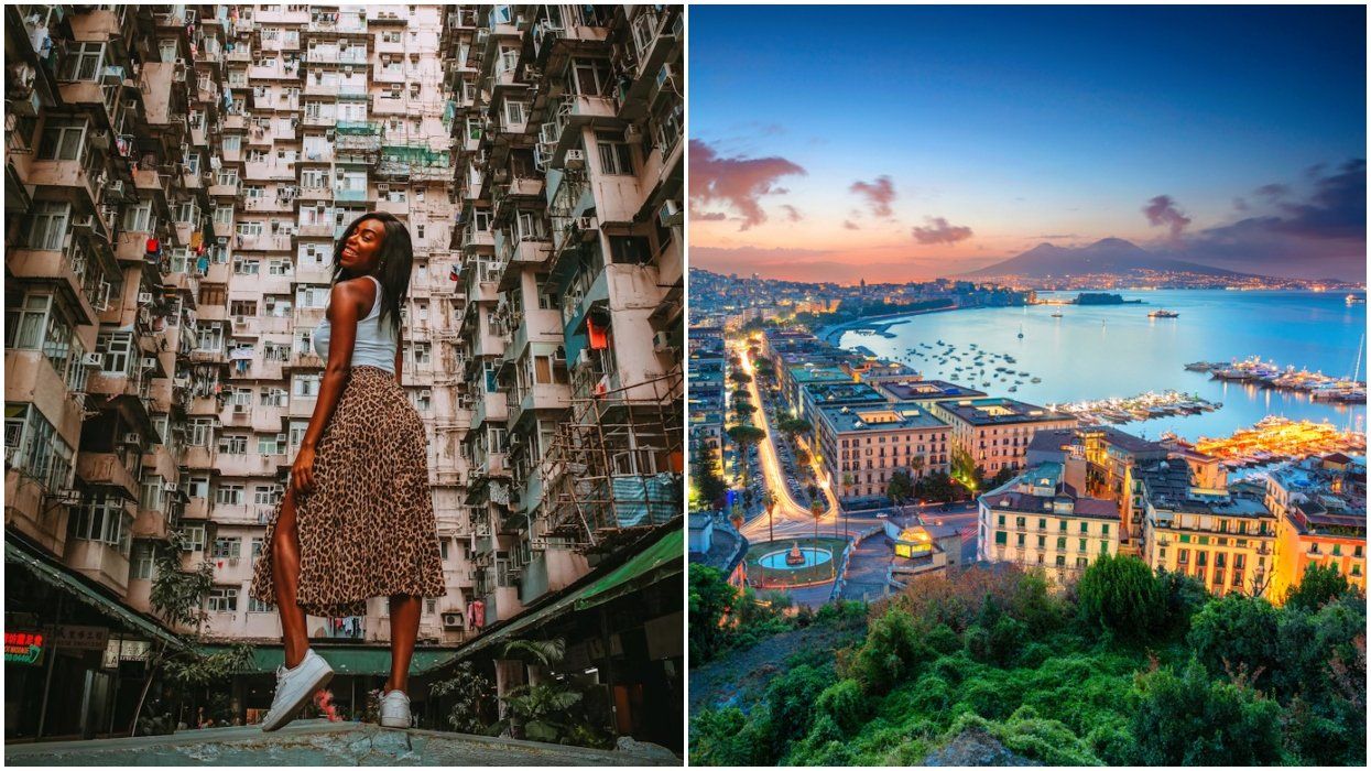 A woman poses in Singapore. Right: Skyline of Naples, Italy.