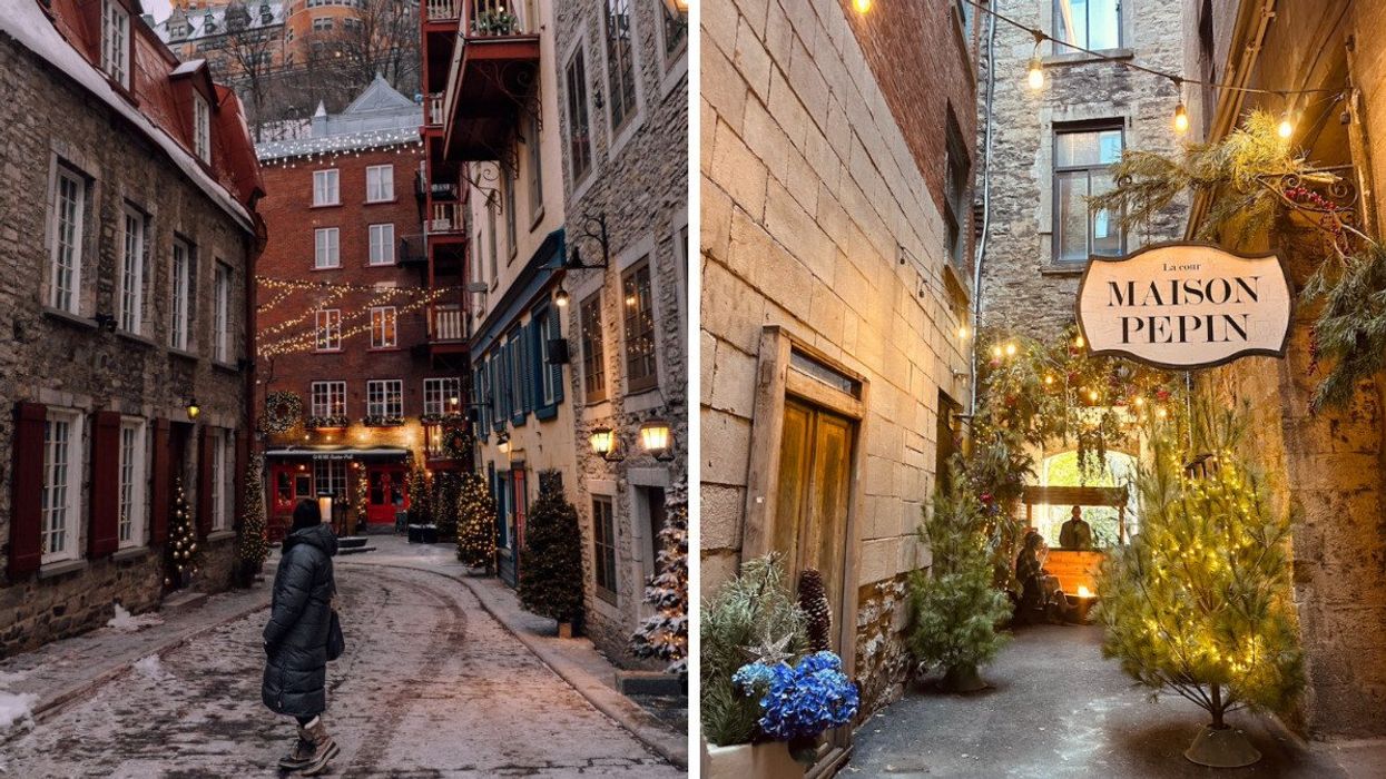 A woman poses on a cozy street in Quebec City. Right: A festive, cozy alley in Montreal.