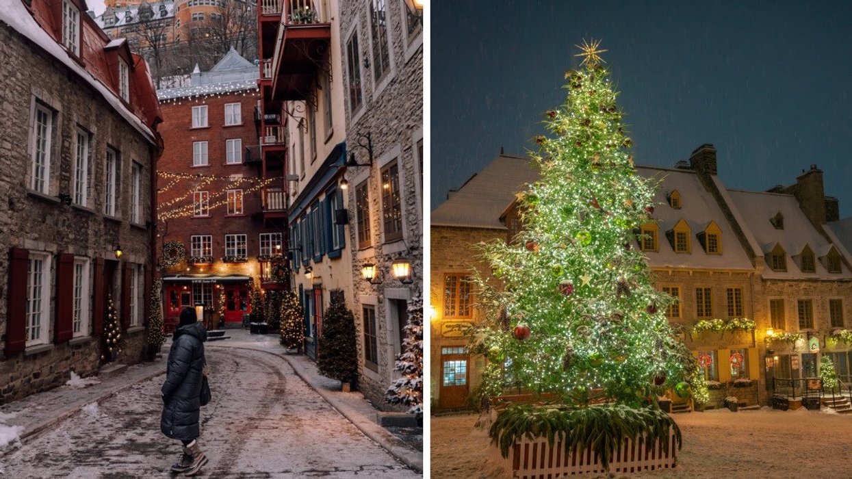A woman poses on a cozy street in Quebec City. Right: Christmas tree decorations on a snowy night in Place Royale.