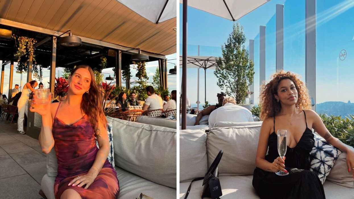 A woman poses with a drink at Rose Orange in Montreal. Right: A woman smiles in front of a dreamy view in Montreal.