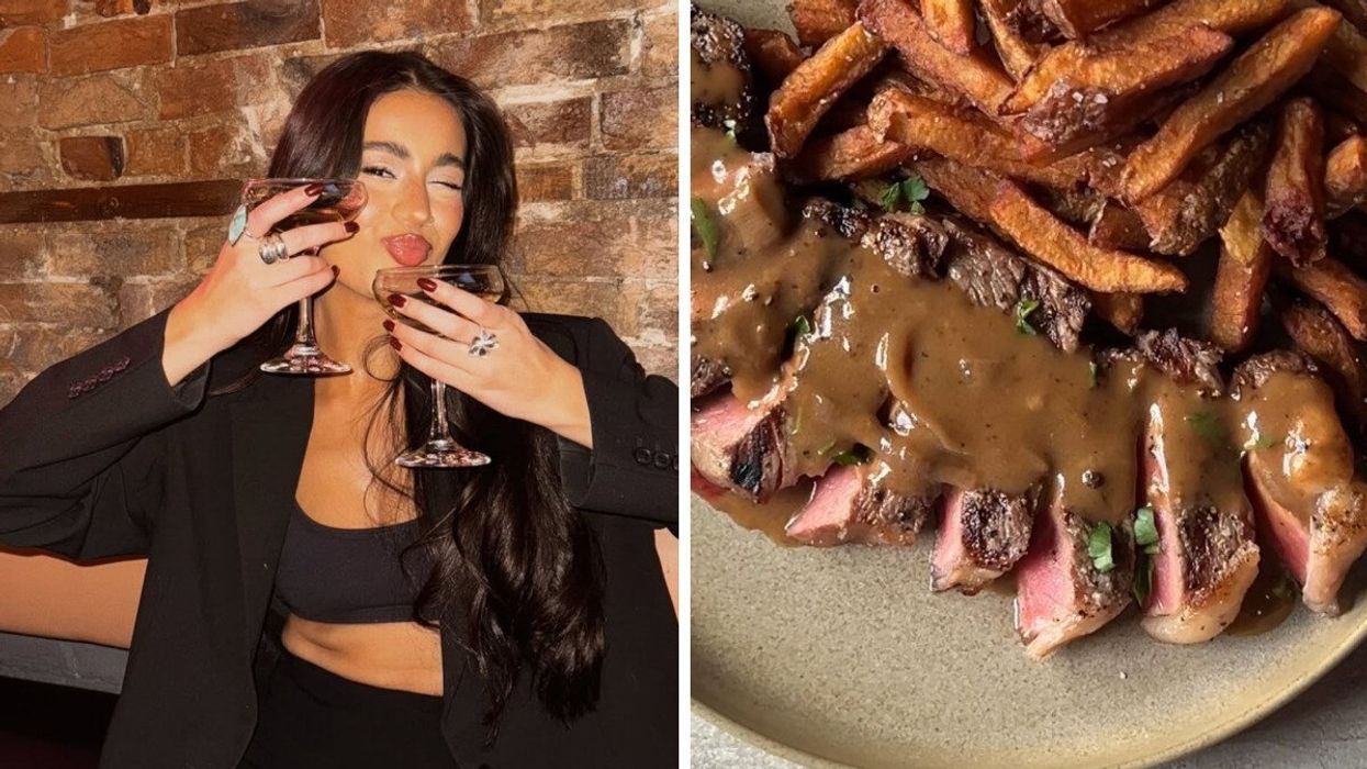 A woman poses with drinks at Maison Saint-Paul, Montreal. Right: Steak and fries from Maison Saint-Paul.