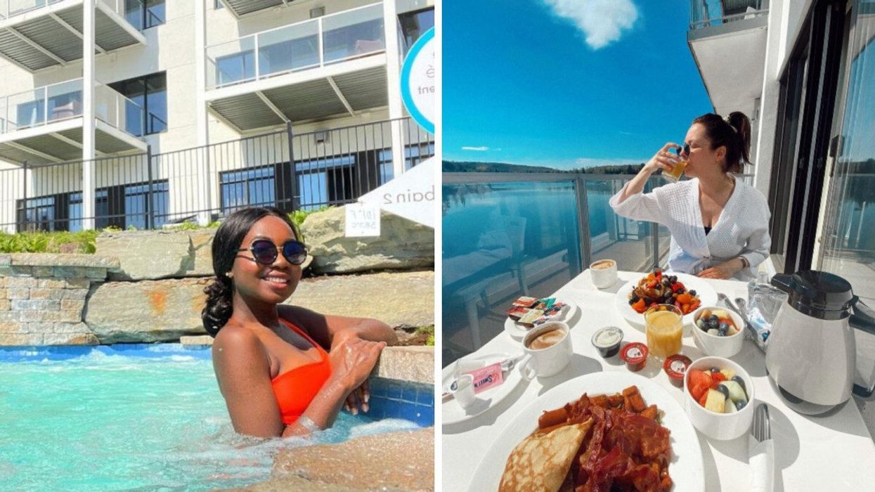 A woman relaxes in an outdoor hot tub, wearing sunglasses and a bright red swimsuit. Right: A woman enjoys breakfast on a balcony overlooking Lake Dupuis.