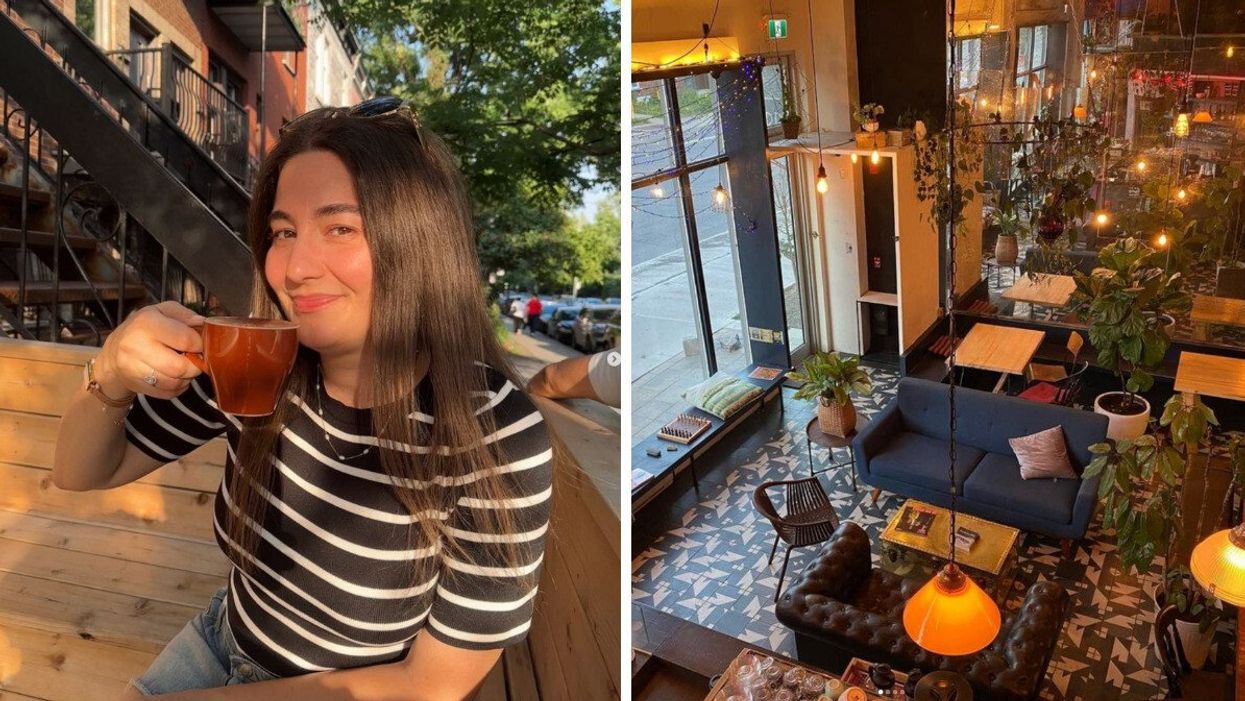 A woman sips a coffee and smiles at a Montreal coffee shop. Right: A cozy interior shot of Cafe Orr in Montreal.