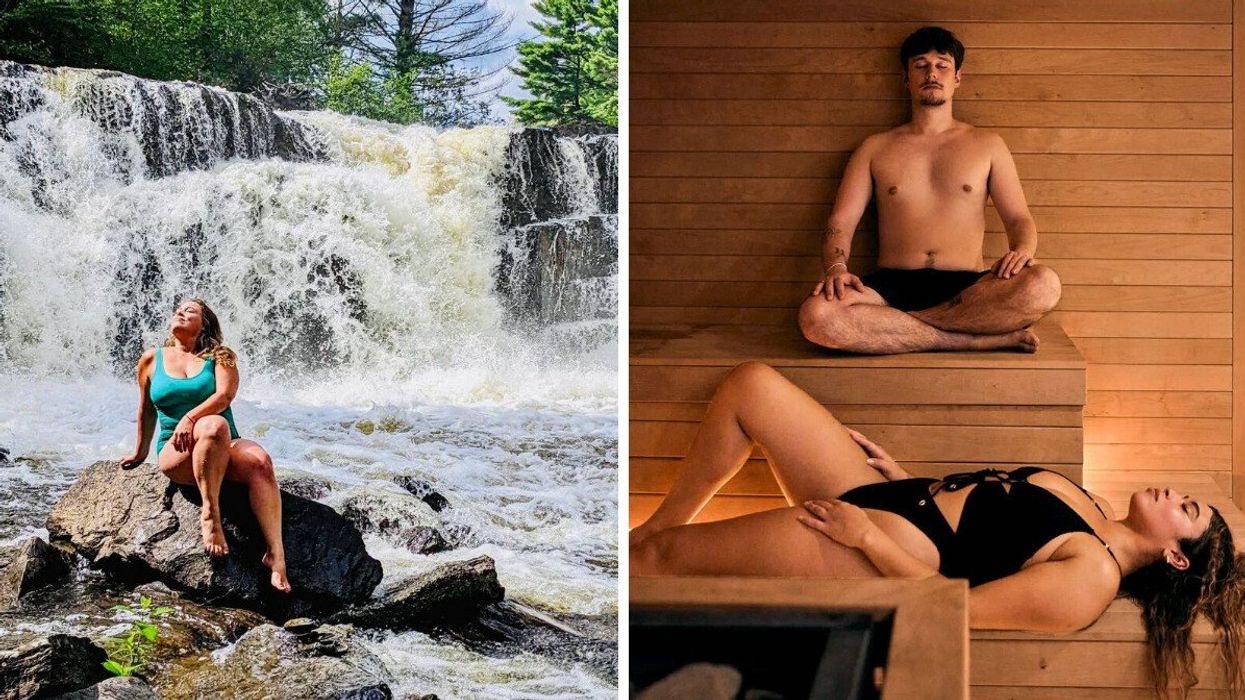 A woman sits atop a rock near a waterfall. Right: A man and woman relax in a sauna.