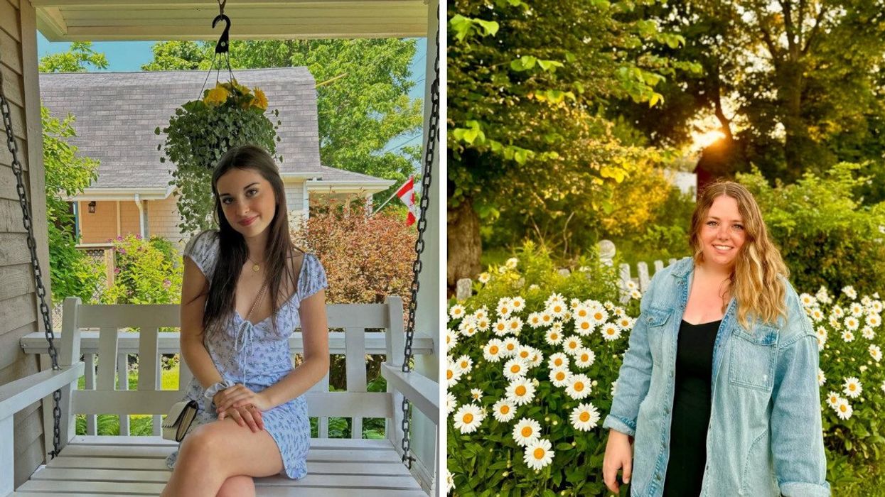 A woman sits on a bench smiling, surrounded by foliage. Right: A woman smiles surrounded by large daisies.
