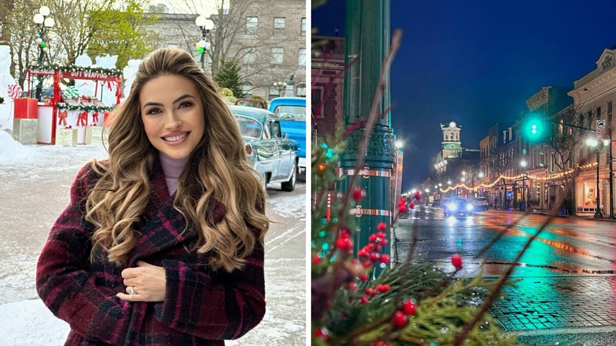 A woman smiles and poses in Brockville, Ontario. Right: A rainy street in Brockville, with string lights in the distance.