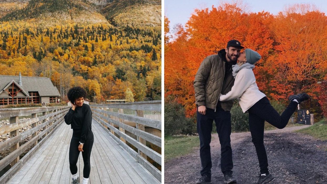 A woman smiles and poses in front of a golden forest. Right: A couple pose in front of bright orange trees in Quebec.