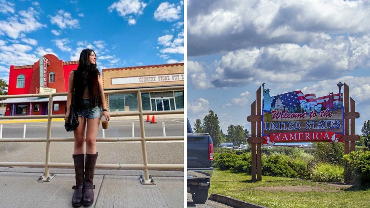 A woman smiles and poses on a quaint street in Canada. Right: A sign that reads "welcome to the United States" at the Canada-U.S. border.