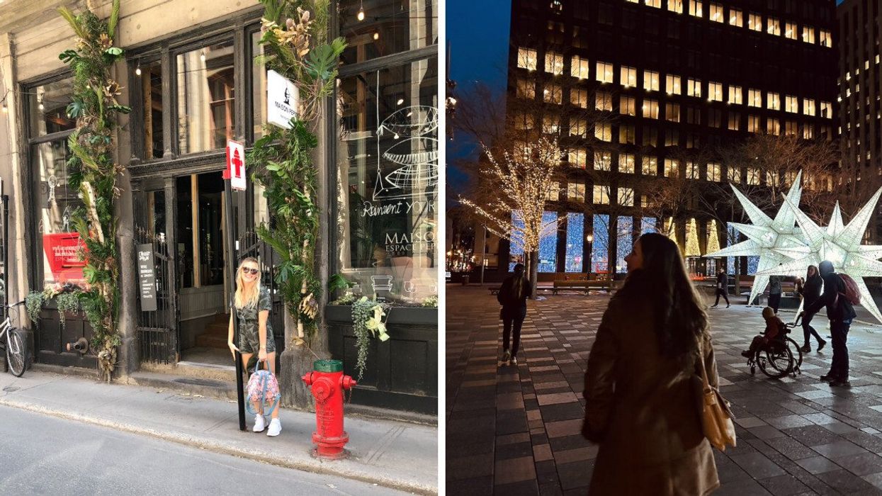 A woman smiles and poses on a quaint street in Montreal. Right: A woman stands among the glowing star decorations in Montreal.