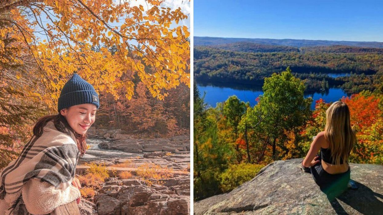 A woman smiles under a golden-leafed tree. Right: A woman sits on a rock overlooking fall foliage.