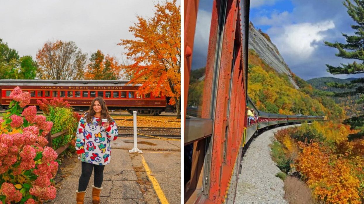 A woman smiles with a coffee with the Conway Scenic Railroad in the background. Right: A train surrounded by fall foliage.