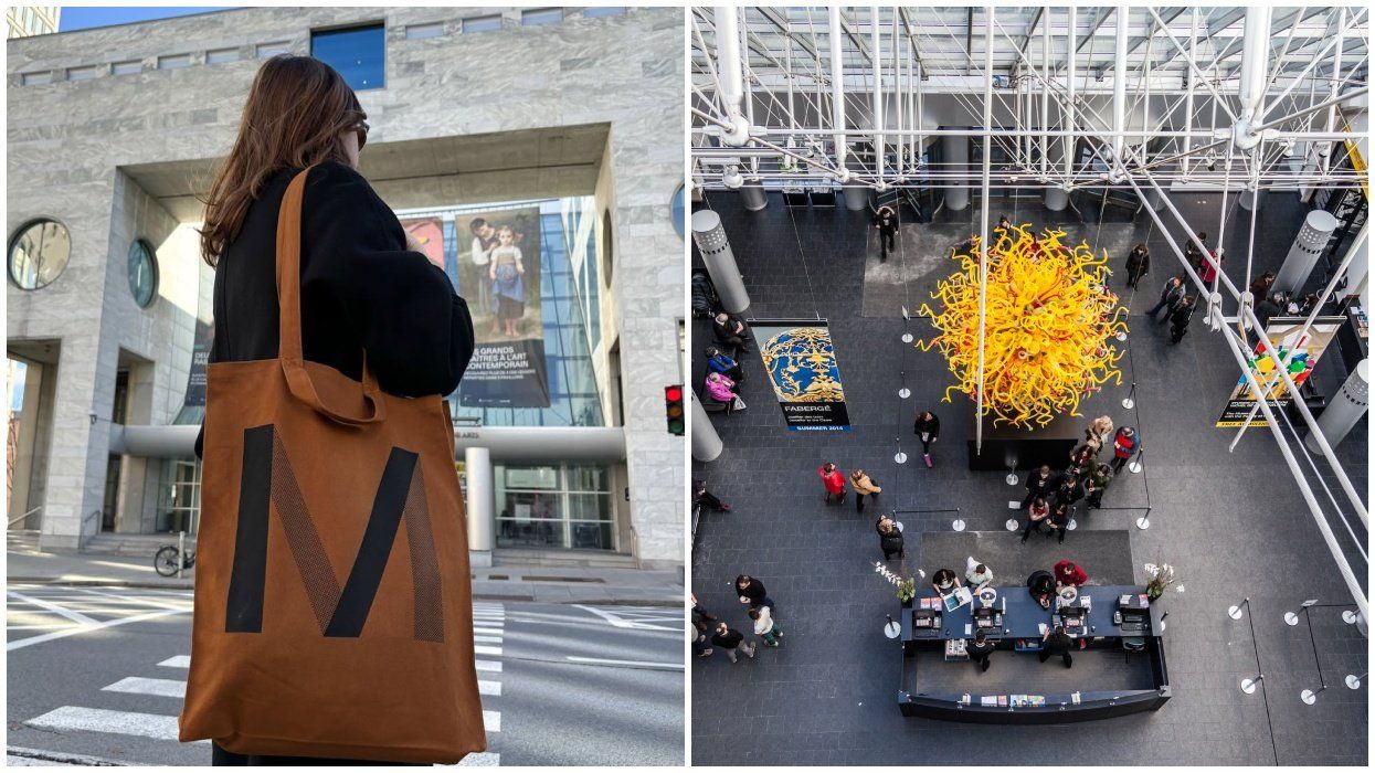 A woman stands in front of a museum. Right: an aerial shot of inside Montreal's MMFA.