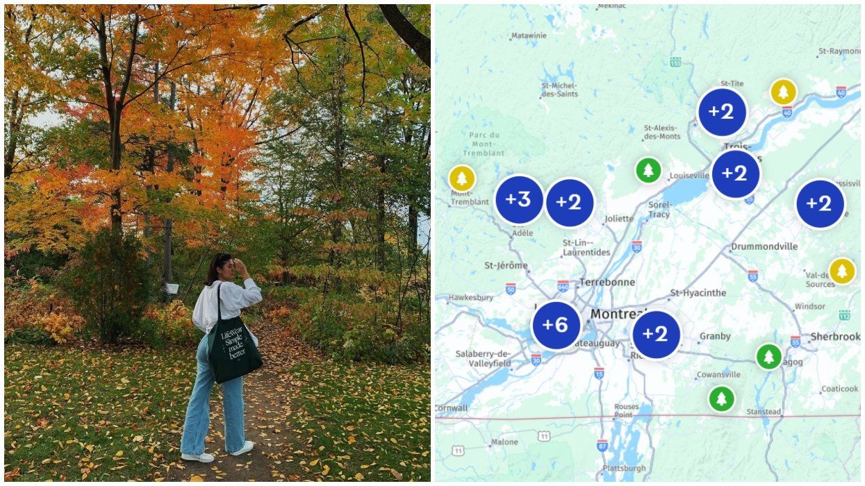 A woman stands near a Montreal tree during fall. Right: A fall foliage map of Quebec.