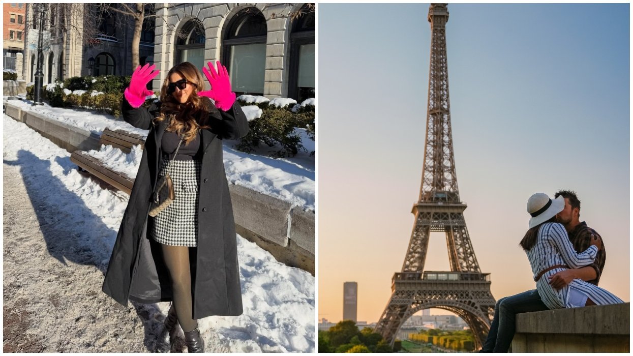 A woman stands outside Notre-Dame Basilica in Montreal. Right: A couple kisses near the Eiffel Tower.