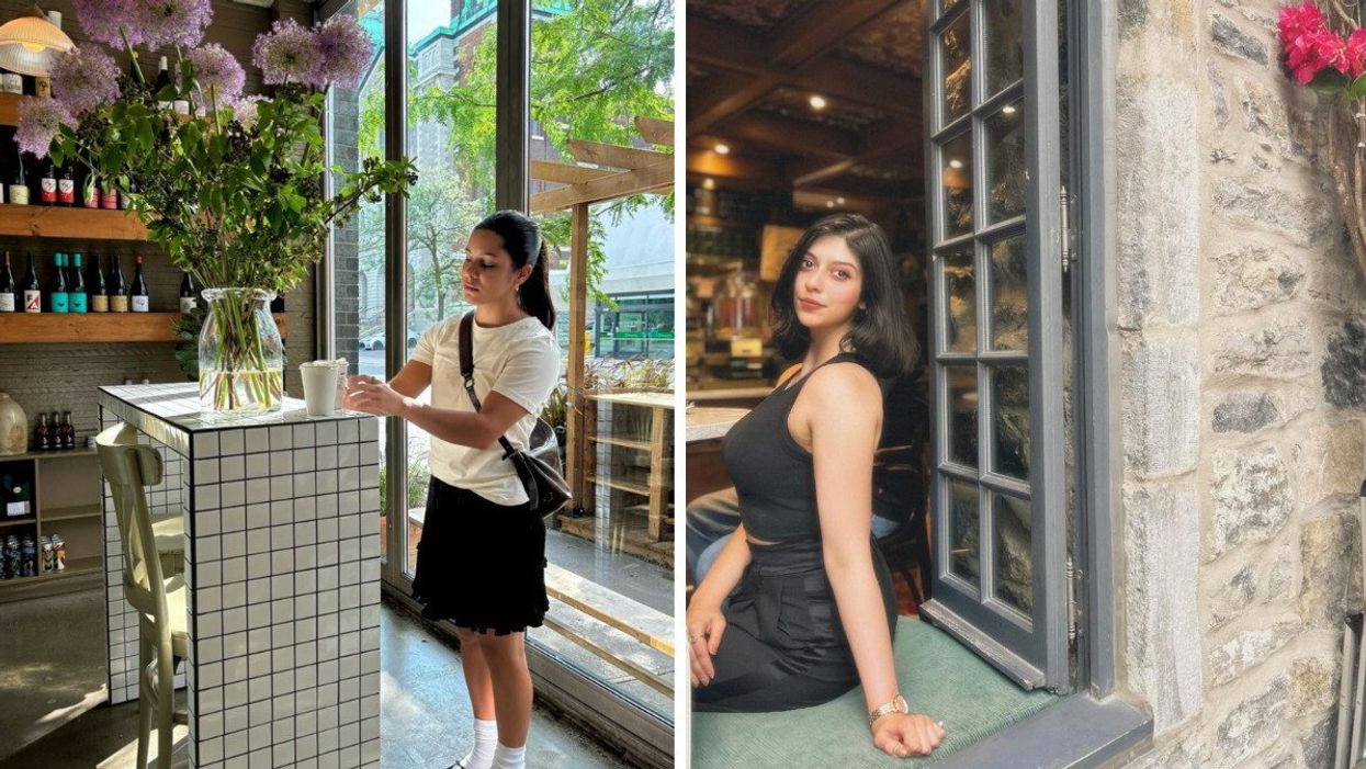 A woman stands with her coffee at BarBara. Right: A woman poses by a window ledge at Café Olimpico, Montreal.