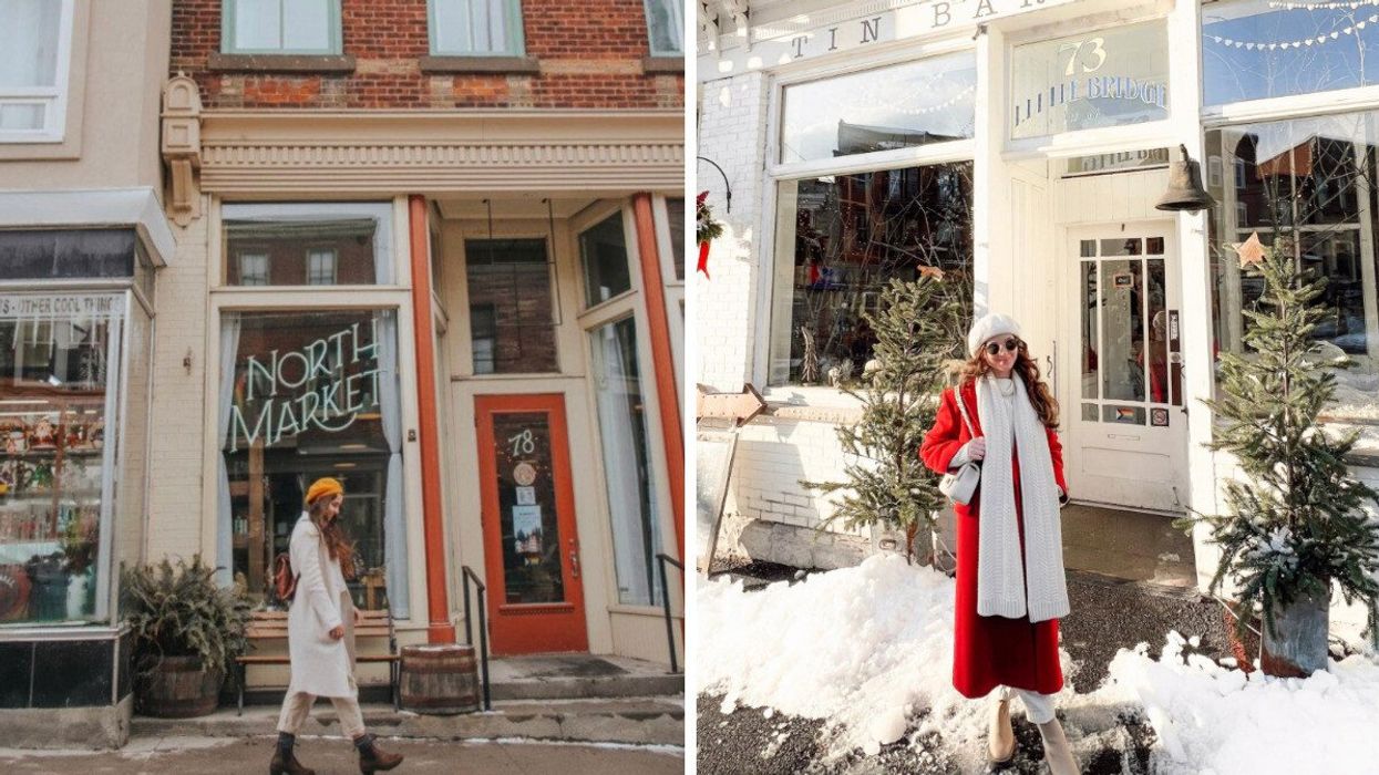 A woman walks on a small street in Almonte. Right: A woman smiles and poses, surrounded by winter foliage.