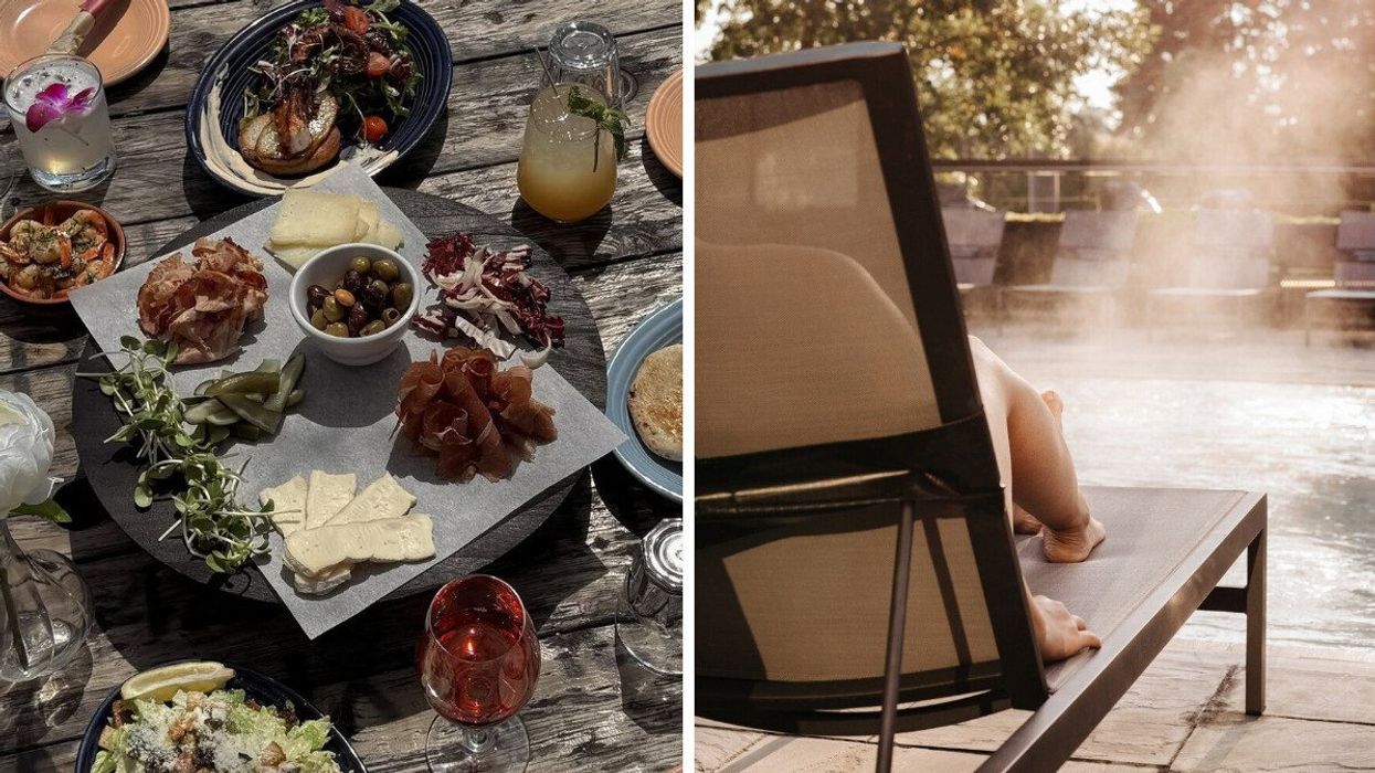 A wooden picnic table laden with summery drinks and a charcuterie spread. Right: The back of a lounge chair on the edge of a steaming pool with its occupants legs visible.