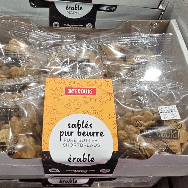 A wrapped box of maple shortbread cookies.