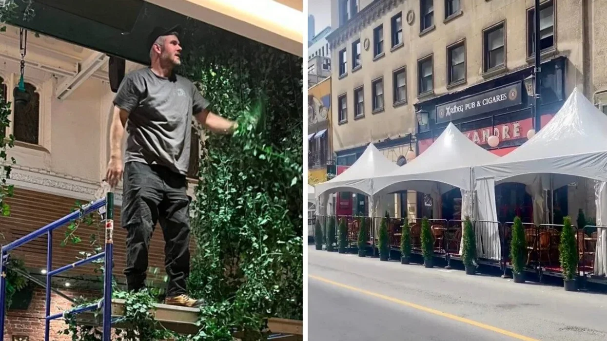 A Yoko Luna employee dismantles the decor, including fake plants, following a visit from the Service de sécurité incendie de Montréal (SIM). Right: Canopies set up in front of a Parisian bistro-style restaurant.