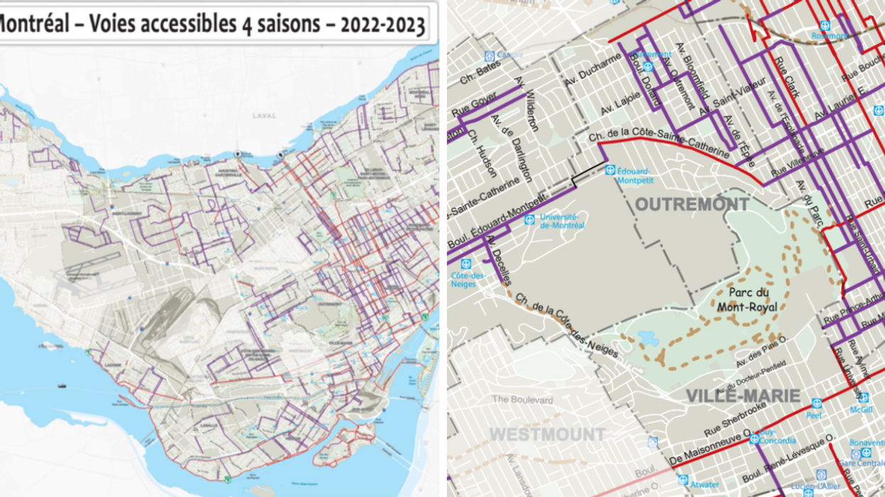 A zoomed-out view of the 2022-2023 bike trails map. Right: A zoomed-in view of the bike trails surrounding Mount Royal.