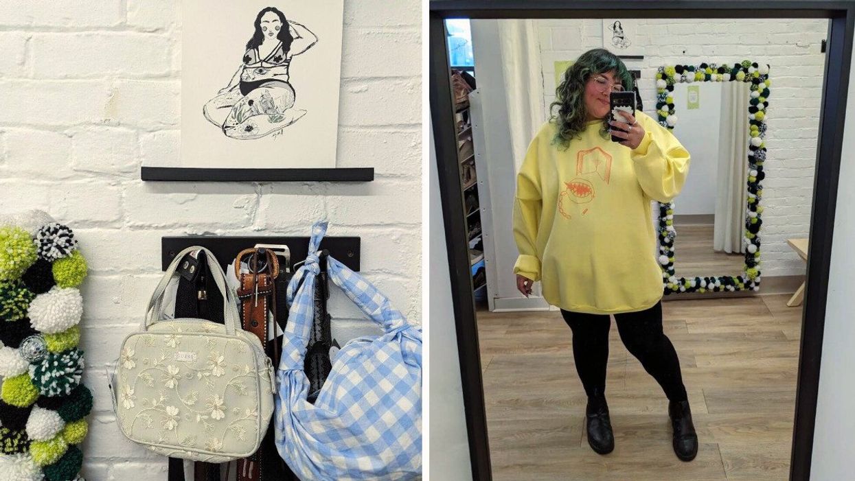 Accessories, like bags and belts, hanging under an illustration. Right: Someone takes a selfie wearing a yellow sweatshirt with black leggings.