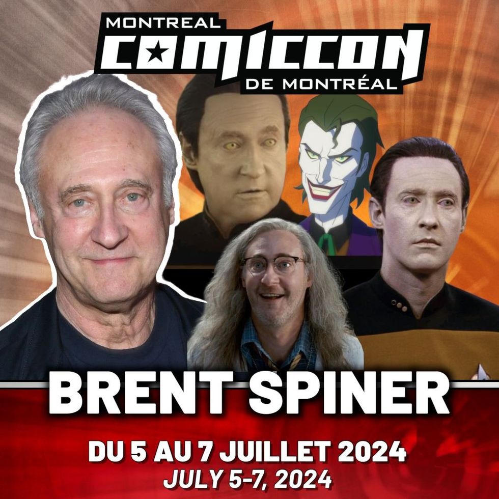 Actor Brent Spiner next to images of him as Data, the Joker and Dr. Okun from "Independence Day."