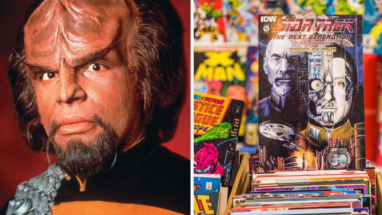 Actor Michael Dorn as Worf. Right: A Star Trek comic book with Data on the cover.