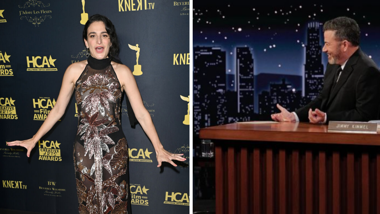 Actress, stand-up comedian, and writer Jenny Slate on a red carpet. Right: Jimmy Kimmel sits at his desk during a taping of Jimmy Kimmel Live!