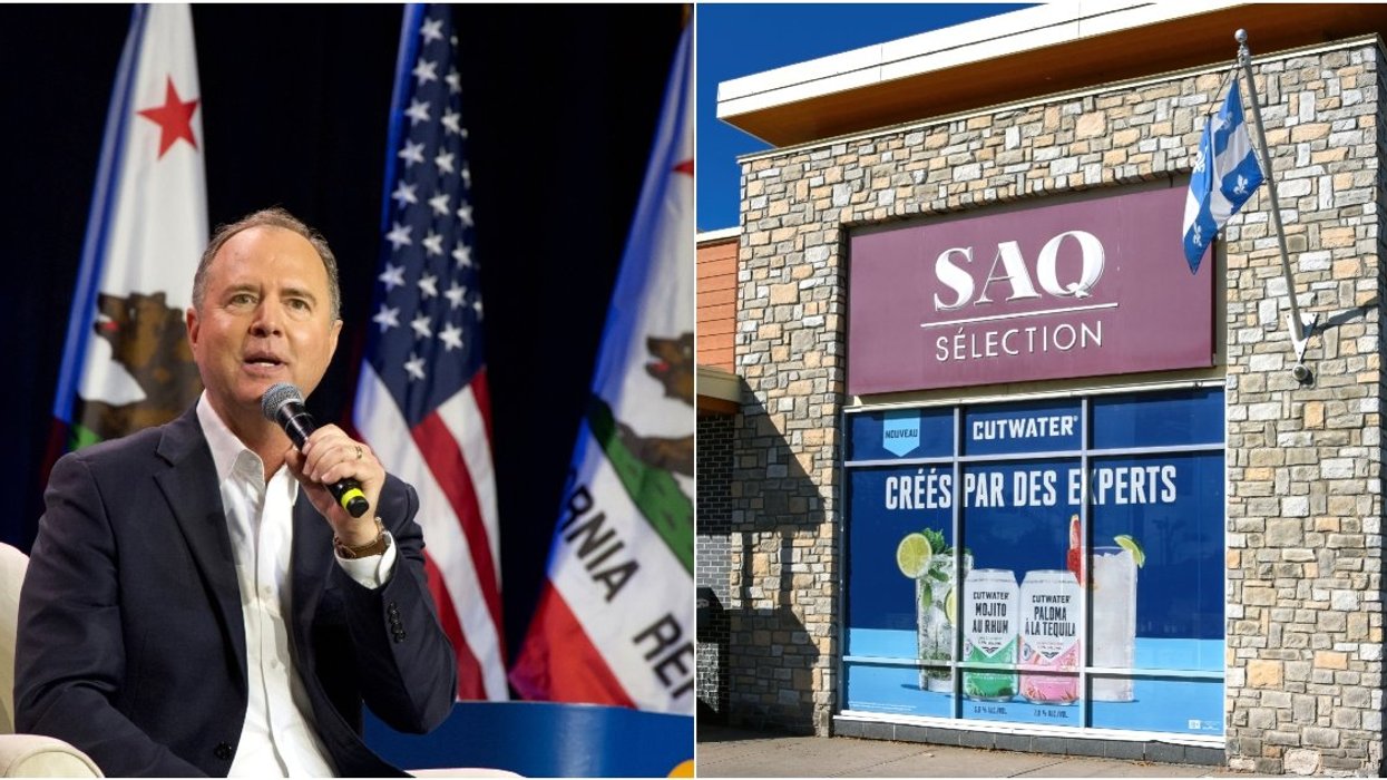 Adam Schiff speaking at the CADEM Endorsing Convention General Session Senate Candidate Interviews. Right: An SAQ store in Quebec.