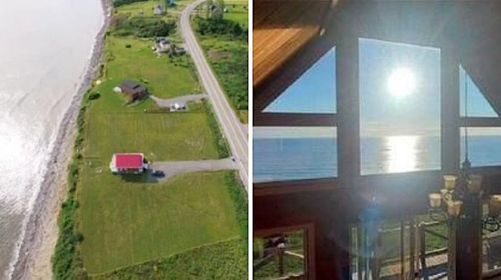 Aerial view of 749, boulevard du Griffon, Gasp\u00e9, QC. Right: View out the sea-facing windows.