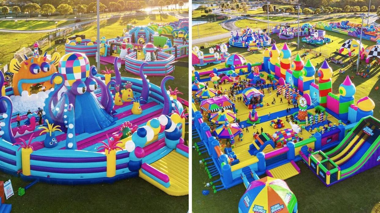 Aerial view of a bouncy castle. Right: An event held by The Big Bounce Canada