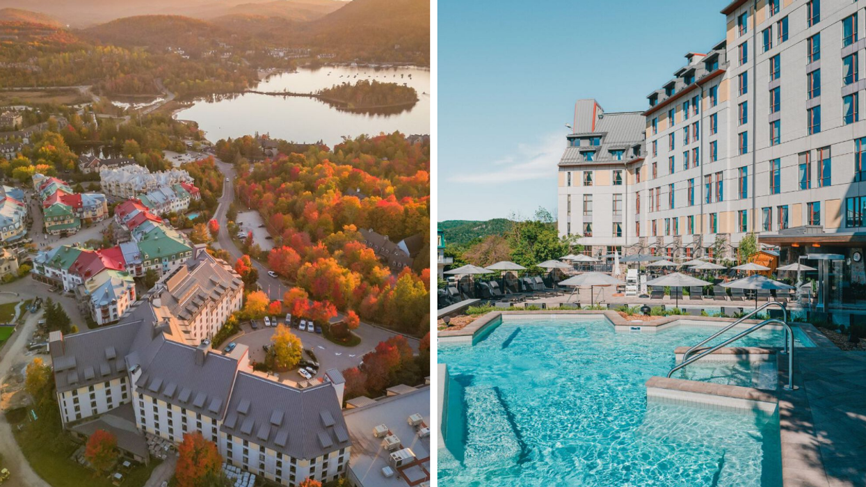 Aerial view of a Quebec resort in the fall. Right: The pool a a Quebec resort.