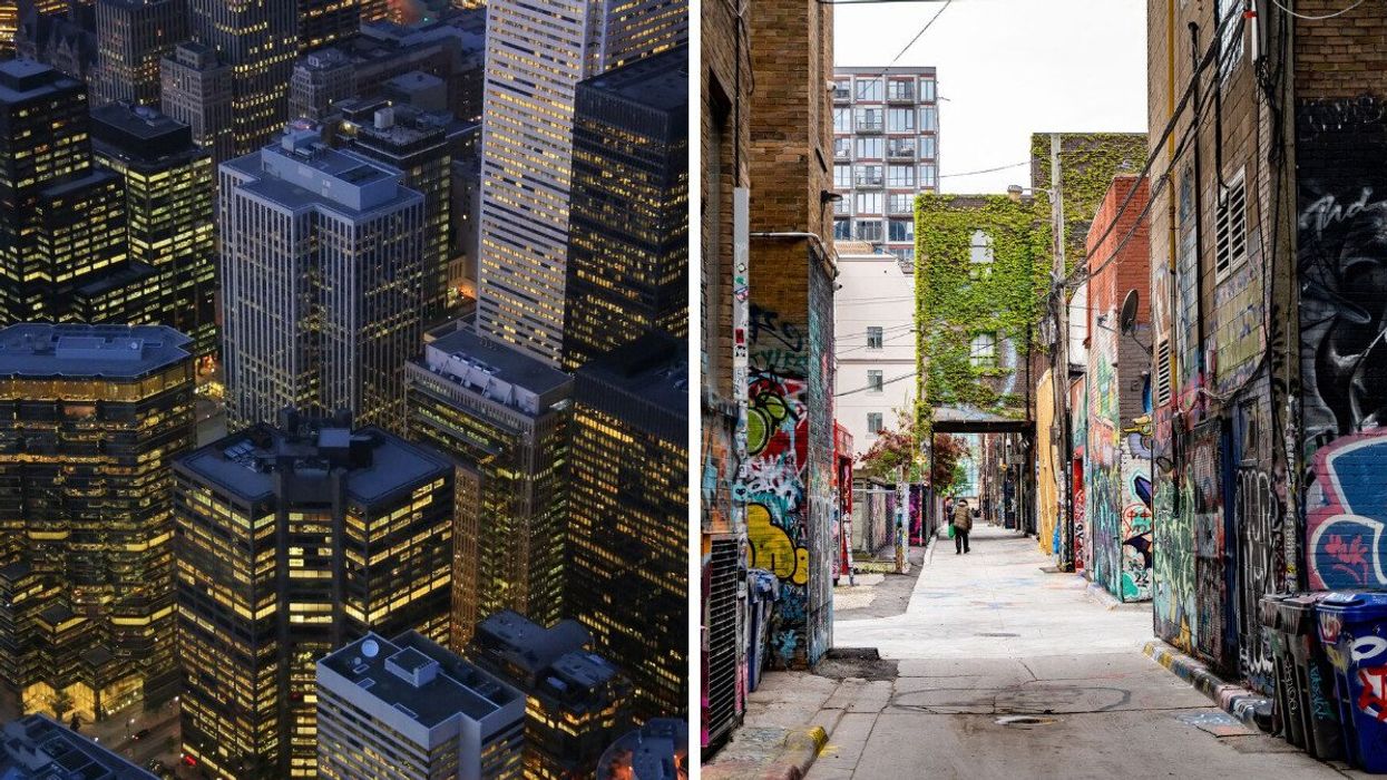 Aerial view of city skyscrapers lit up at night. Right: An alley covered in street art.