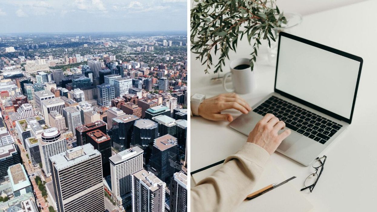 Aerial view of downtown Ottawa. Right: Someone working on a laptop (illustrative).