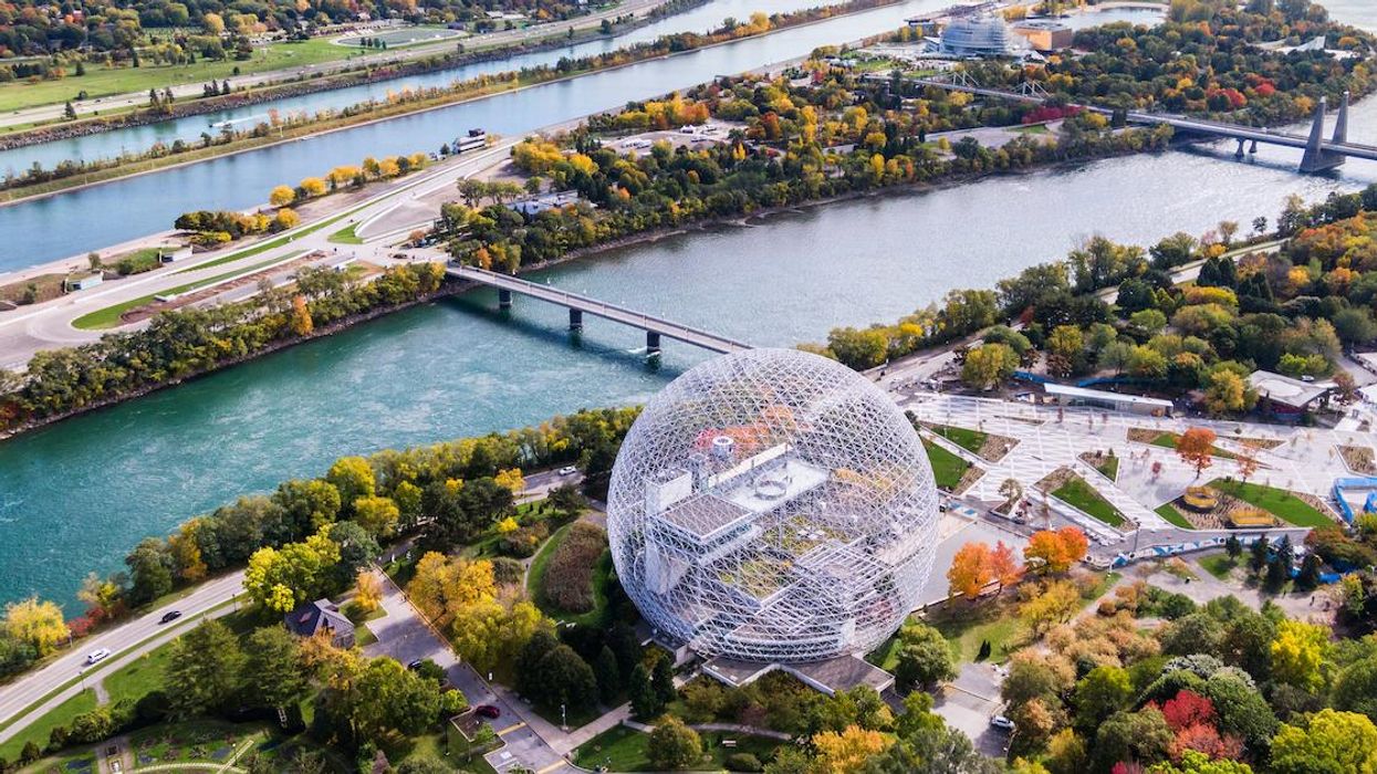 Aerial view of Montreal's Île Sainte-Hélène and Île Notre-Dame.