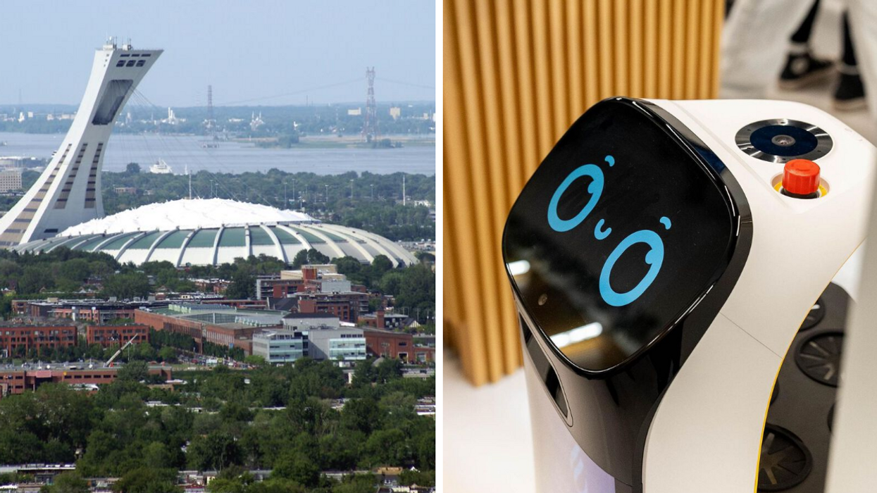 Aerial view of Montreal's Olympic Stadium. RIght: A robot server at Barri Café in Sainte-Thérèse, Quebec.
