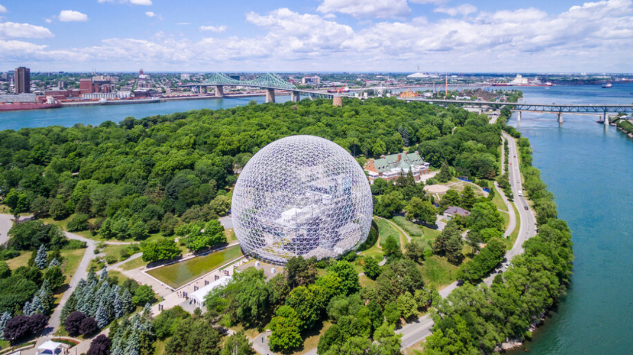Aerial view of Montreal's Parc Jean-Drapeau, including the Biosphere and Jacques Cartier bridge.