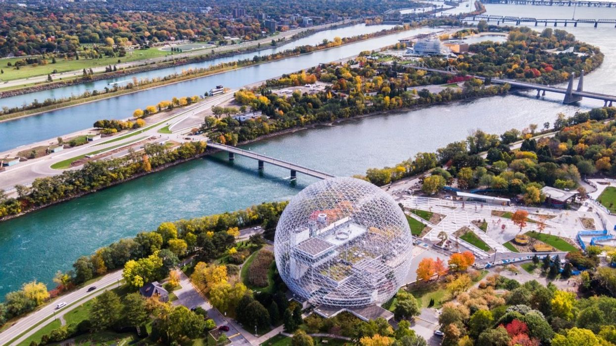 Aerial view of Montreal's Parc Jean-Drapeau with sights of the Biosphere, St Lawrence River and Montreal Casino.