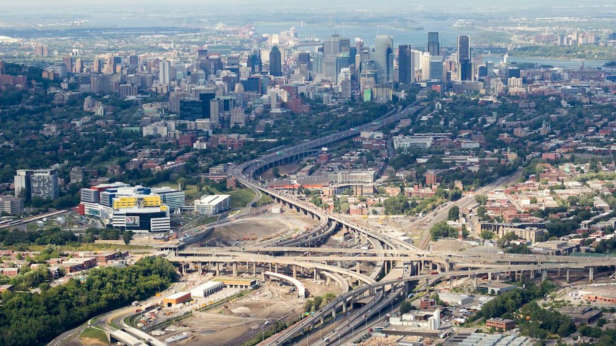Aerial view of Montreal showing construction on the Turcot Interchange in the 2010s.