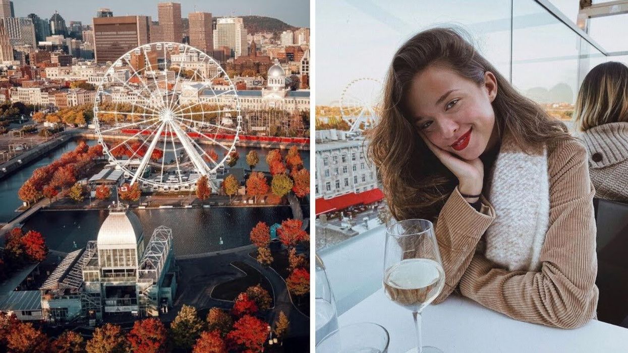 Aerial view of Old Montreal featuring autumn leaves and the Ferris wheel. Right: A woman drinking wine on a fall terrasse.