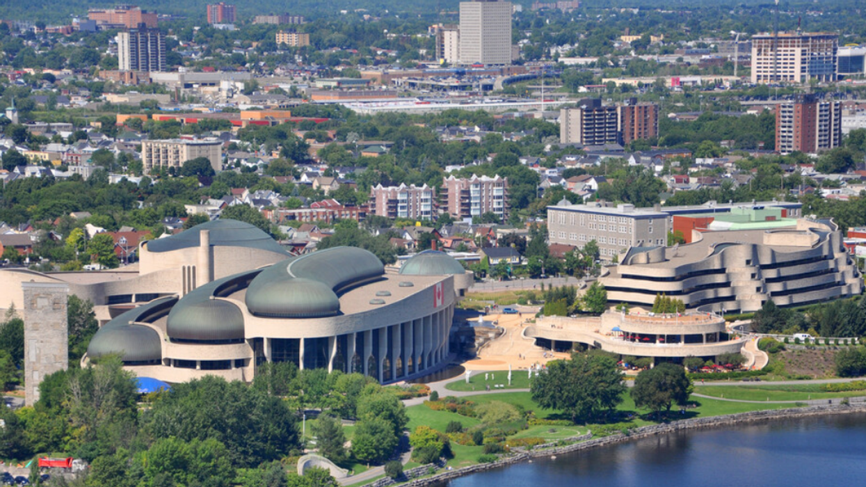 Aerial view of the Canadian Museum of History and Gatineau, Quebec in summer, viewed from the Parliament of Canada Peace Tower.