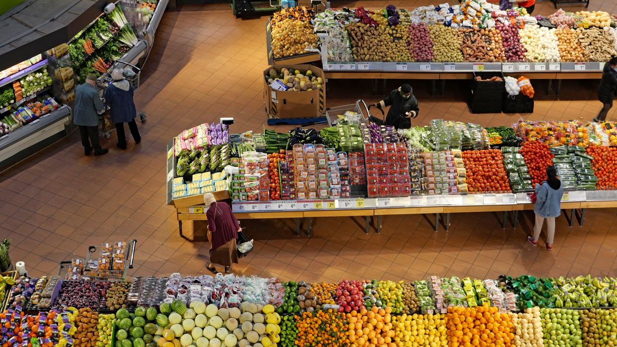 Aerial view of the produce section at a supermarket in Canada (illustrative).