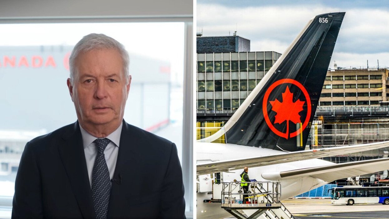 Air Canada CEO Michael Rousseau speaks to camera. Right: An Air Canada plane.