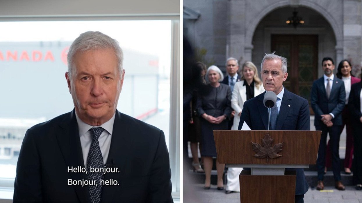 Air Canada CEO Michael Rousseau speaks to camera with the subtitles "Hello, bonjour." Right: Mark Carney speaks at a podium.