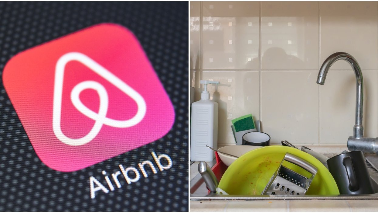 Airbnb symbol. Right: Dirty dishes.
