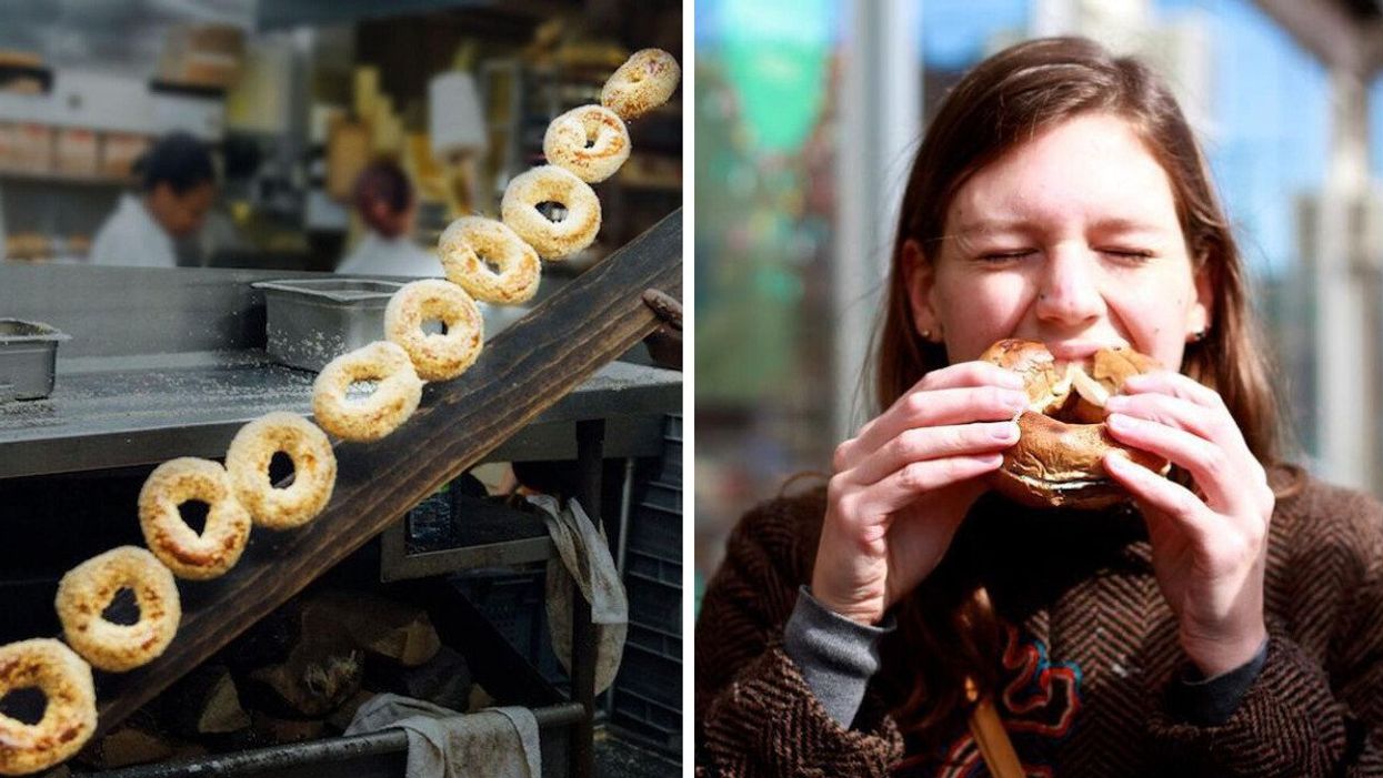 Airborne bagels. Right: Someone bites into a bagel.